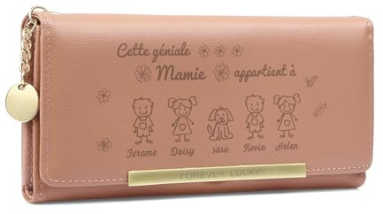 Porte-Monnaie Femme Cadeau Personnalisé - Portefeuille en Cuir PU avec Nom à Graver, Nombreux Compartiments, Idéal pour Anniversaire, Fête des Mères, Noël, Cadeau Mamie Original (Famille de 5)