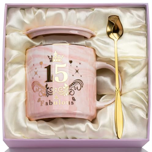 Gifts for 15 Year Old Girls, Unique 15th Birthday Gifts for Girls Marbled Ceramic Cup 14oz, 15 Year Old Gir-ls Gift-s for Teen Girl, Happy 15th Birthday Cup for Gir-ls, with Spoon, Card, Lid, Giftbox