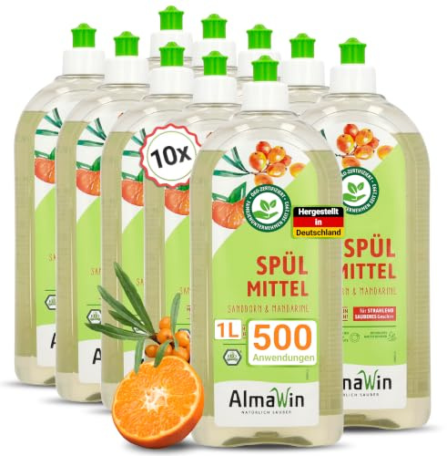 AlmaWin® Spülmittel Öko [10x 1L] mit Sanddorn & Mandarine-Duft - Kraftvolles Geschirrspülmittel flüssig mit hoher Fettlösekraft - Vegan Dish Soap - Biologisch abbaubares & ergiebiges Konzentrat