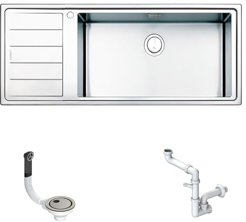 Lavello Cucina da incasso FHULLER Sopratop -Vascha Saldata h.21,5 Acciaio 10/10 Spazzolato 116X50 1 Vasca Destra Maxi e Gocciolatoio Sinistro, Completo Sifone e Piletta, BORDO slim 4 mm, Made in Italy