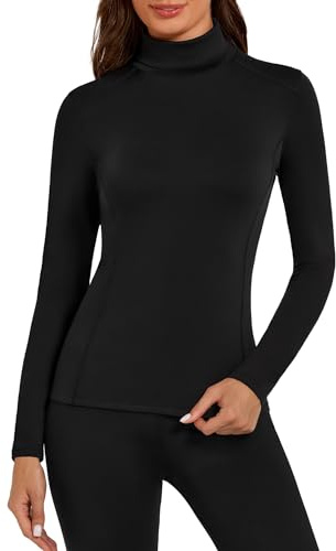 Harlamvar Womens Warm Breathable Underwear Shirt Lightweight Wicking Tops Thermal Long Sleeve Base Layer Shirt Black