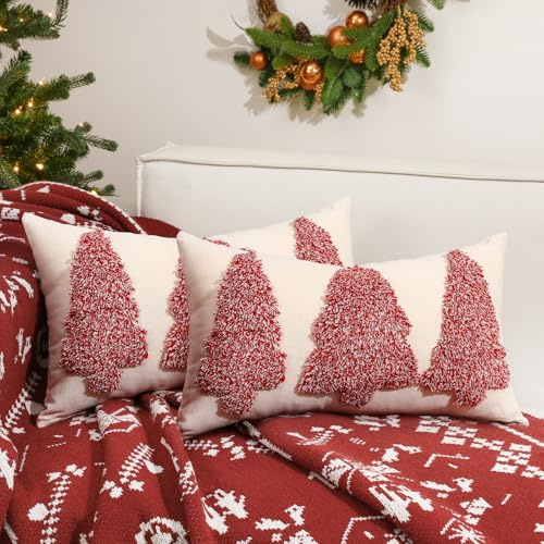 Lewondr Christmas Throw Pillow Covers with Xmas Tree, Beige, 12x20, 2Pack | 30x50cm, Exquisite Embroidery, Sofa Cushion Cover, Party Thanksgiving Day Xmas Decor