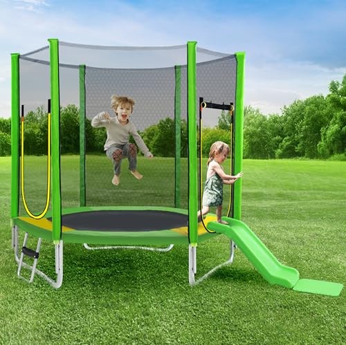 Trampoline de jardin extérieur, trampoline pour enfants, trampoline de loisirs, avec échelle, poteaux rembourrés, toboggan, filet de sécurité, protection de bord et accessoires