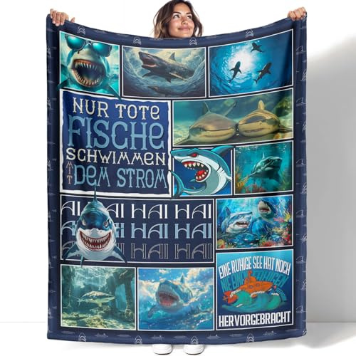 YISUMEI Hai Kuscheldecke 125x150cm, Meereslebewesen Design Shark Decke, Kinder Weich Flauschig Fleecedecke, Geschenke für Mädchen Jungen, Marineblau