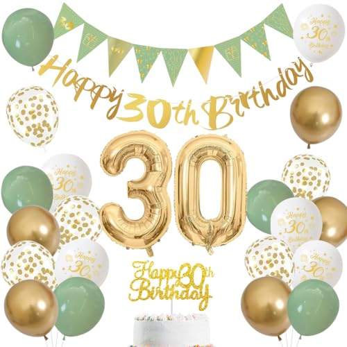 30 Jahre Geburtstag Dekoration für Männer und Frauen – Salbeigrün, Weiß und Gold Luftballons mit ‚Happy Birthday‘-Banner, Zahl 30 Ballon und Tortenaufleger für 30 Jahre Geburtstagsfeier-Deko (30)