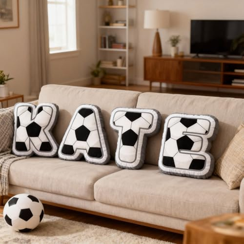 Drawelry Personalisierte Buchstabe Zierkissen mit Fußball Baseball Name Throw Pillow Kopfkissen Heim Auto Bett Sofa Plüsch Kissen Weihnachts Deko Geschenk für Familie Freunde Paar Kinder (Fußball)