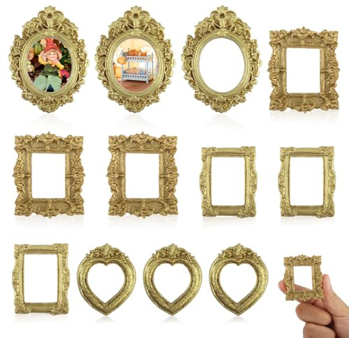 YUE QIN 12 Stück Mini Bilderrahmen Gold Vintage Miniatur Bilderrahmens | Kleine Retro Fotorahmen Goldrahmen Barock Vintage Rahmen Goldfarben für DIY Schmuck Display Fotografie Dekoration