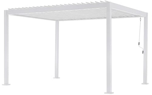 Cribel Pergola Bioclimatica Praja 3x4 m bianca in alluminio con 4 pilastri tetto lamellare orientabile manovella scarico acqua H 2,50 m (Bianco)