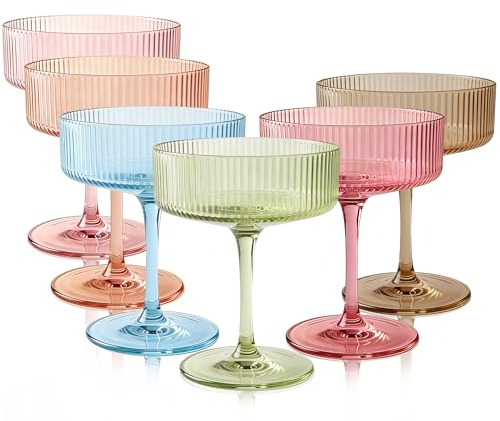 Vessyn Martinigläser Bunt 6er-Set Gerippte Coupé Gläser & Champagnerschalen 260ml - Handgemachte, farbige Retro Cocktailgläser mit Stiel Luxus Glas-Set im Farben-Mix für Martini Sekt Margarita Dessert
