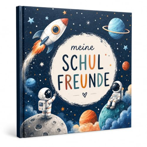 Freundebuch für die Schule mit Weltall-Motiven | Erinnerungsbuch zum Ausfüllen mit Platz für 30 Freunde & 5 Wegbegleiter (z. B. Lehrer) | Beliebtes Geschenk für Mädchen im Grundschulalter