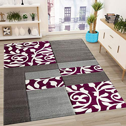 VIMODA Moderner Teppich mit Blumenmuster Kariert Konturenvertiefung in Grau Lila, Maße:80 x 300 cm