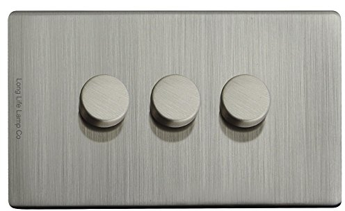 LED Dimmer Switch Gloss Brush Chrome 3 Gang 2 Way 300w Screwless Plate Finish N357DME