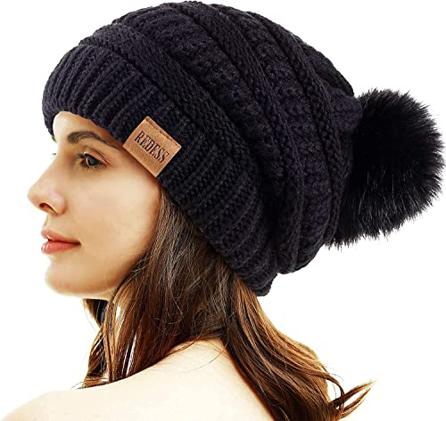 REDESS Damen Winter Pom Pom Beanie Mütze mit warmem Fleece gefüttert, Dicker Slouchy Snow Knit Chunky Baggy Skull Ski Cap