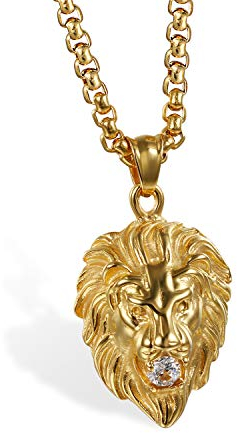 OIDEA Herren Löwe Halskette mit Anhänger Gold Punk Rock Biker Edelstahl Zirkonia Anhänger Goldketten 56cm