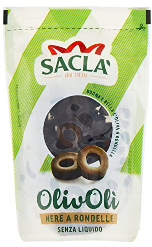 Saclà, OlivOlì, Olive Nere A Rondelle, Ideali per Insalate e per Arricchire i Tuoi Piatti, Senza Liquido, Busta, 75g