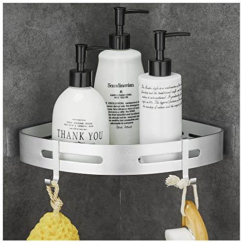 GRICOL Eckablage Duschkorb Duschregal ohne Bohren Duschablage Space Aluminum mit 2 Haken Dusche Ablage Badregal mit Aufkleber Badezimmerregal für Bad und Küche Silber
