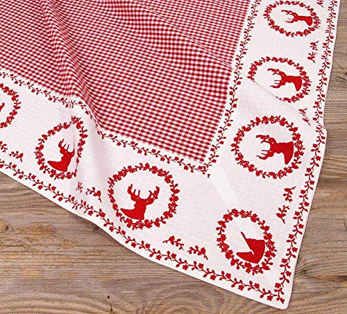 Tischdecke RESI kariert Hirsch Druck rot - Großes Stoff Tischtuch Landhausstil 100 x 100 cm Tischdeko quadratisch - Waschbare Mitteldecke aus 100 % Baumwolle, als moderne Esstischdeko, Weihnachtsdeko