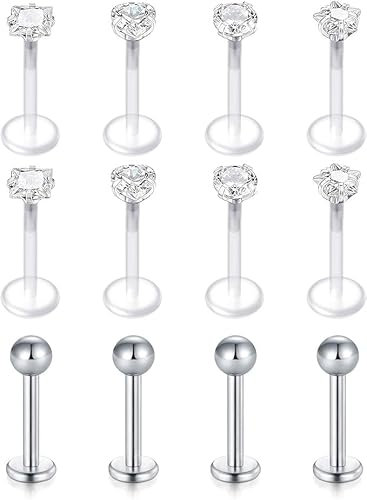 LAURITAMI 12stk Lippenpiercing Labret Stecker Bioflex 8mm 16G Medusa Monroe Flexibel Kunststoff Retainer Piercing Lippe
