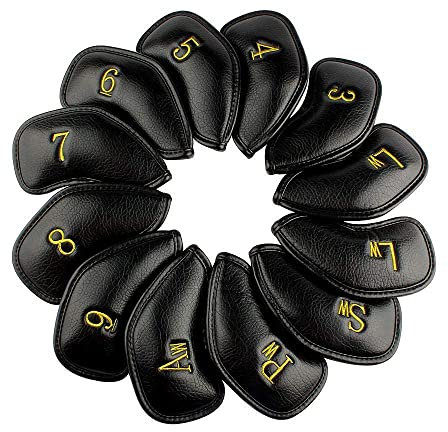 Craftsman Golf Golfschlägerhauben aus dickem Kunstleder, passend für alle Marken Callaway, Ping, Taylormade Cobra usw., 12 Stück, Schwarz mit Gold Nr