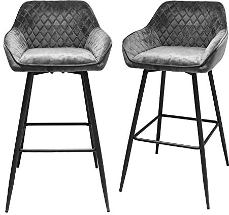 Requena Pair of Bar Stools, Fabric Upholstered Seat with Armrest and Backrest, Black Metal Legs, Kitchen Breakfast Barstool, Counter Chair BAR01 (Velvet-Dune Grey)