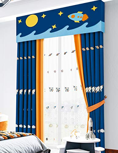 Lactraum Vorhänge Kinderzimmer Junge Bestickt Rakete Planet Milchstraße Dunkelblau Blickdicht mit Kräuselband 200 x 245 cm (BxH)