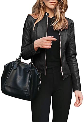 SOMTHRON Damen Kunstleder Jacke Leder Jacke Motorrad Short PU Kurzjacke Punk Bikerjacke Übergangsjacke Ledermantel Slim Short Mantel，S-5XL，viele Farben，Übergröße, Herbst Winter