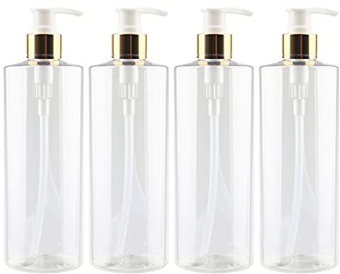 ZEOABSY 4 Stück 500ml Leere Lotionspender Gelspender Transparent Kunststoff Flasche mit Gold/Weiß Lotion-Spender Nachfüllbare zum befüllen für Badezimmer Shampoo Öl