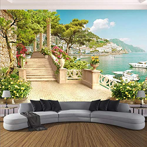 Benutzerdefinierte 3D Fototapete Garten Balkon Treppe Seeblick 3D Wohnzimmer Sofa Schlafzimmer TV Hintergrund Wandbild Tapete Dekor-430 * 300cm