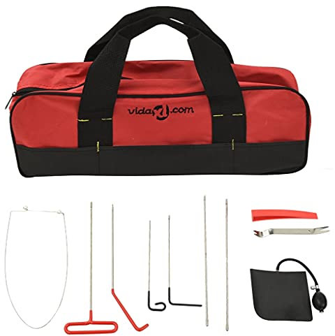 vidaXL 11 Piece Universal Car Door Opener Tool Kit Emergency Safety Universal Car Lockout Hand Tool Kit Garage Equipment Red and Black