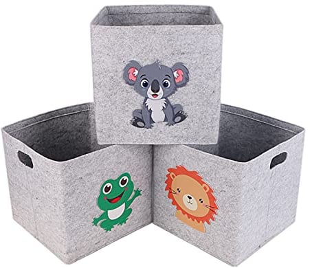 HRB 3er Set Aufbewahrungsbox Kinder aus Filz, Aufbewahrungskorb passend für Regal, Körbe versehen mit niedlichen Kindermotiven, faltbarer Organizer als Spielzeugkiste