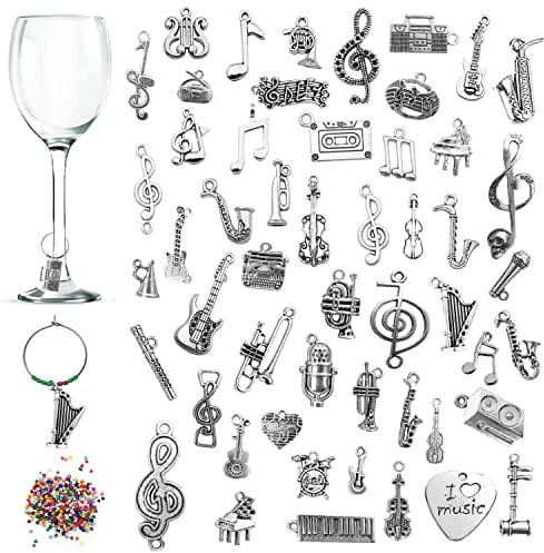 52 pièces Charmes de Verre à Vin, Instruments de Musique Étiquettes de Marqueurs de Boisson de Gobelet avec Perles Colorées pour Cocktail Champagne Soirée Dégustation Faveurs Fournitures de Décoration