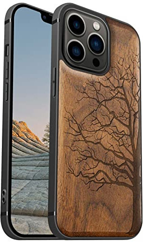 Carveit Magnetisch Hülle für iPhone 13 Pro Case [Elegante Walnuss] [Weich TPU Stoßstange] Stoßfeste Handyhülle Kompatibel mit 13Pro Magsafe Hülle Holz （Ewiger Baum）