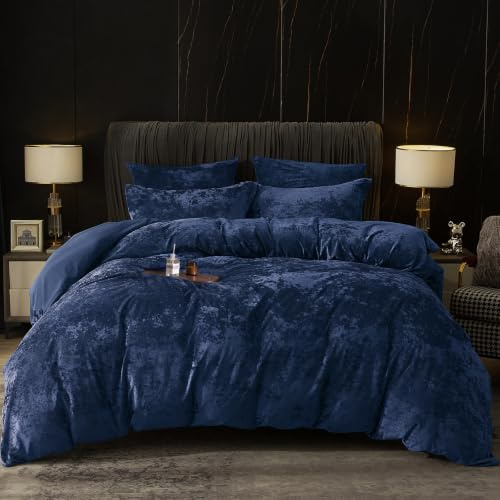 PHF Samt Bettwäsche 200x220, Luxus Flauschig Bettwäsche 200x220 cm mit 2er Kissenbezüge 80x80 cm, Kuschel Velvet Bettbezüge, Marine Blau