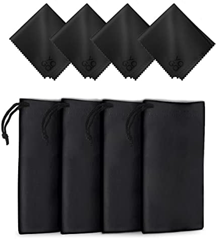 Yogo Vision Mikrofaser-Brillenbeutel, 4er-Set, schützt Brillen, Kratzer, Flecken, ultraweiche Objektiv-Stoffbeutel mit Kordelzug, Schwarz, Medium