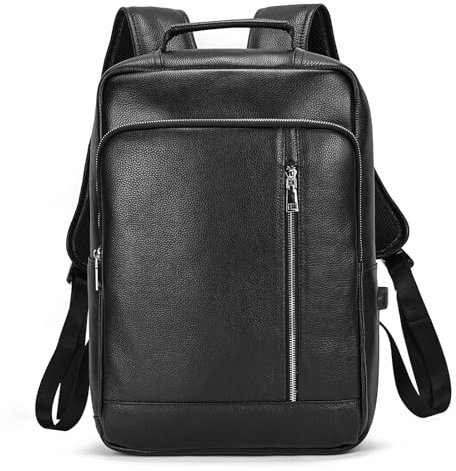 LUUFAN Sac à Dos en Cuir Véritable pour Hommes Sac à Dos Occasionnel Vintage 14 pour Ordinateur Portable Business Slim Voyage Sac à bandoulière en Plein air avec Manches de Chariot, Noir