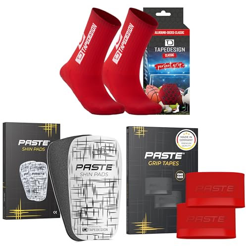 PASTE - XXL 3er Set: TAPEDESIGN Fußball-Socken (Classic), Schienbeinschoner Schienbeinschonerhalter (rot) - Fussball-Socken mit Schienbeinschoner Halterung & Shin Guards Kinder, Herren