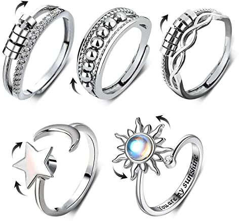 AWAVM 5 anelli per ansia da donna, in argento antistress, con perline, anello aperto regolabile per ragazze adolescenti, Misura unica, Plastica, lega
