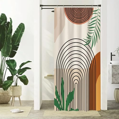 Uiiooazy Duschvorhang Abstrakt Boho, Duschvorhang Schmal 90x180cm Terracotta Geometrisches Muster Grüne Blätter Klein Duschvorhänge Anti Schimmel Stoff Waschbar Wasserdicht Bad Vorhang mit 6 Haken