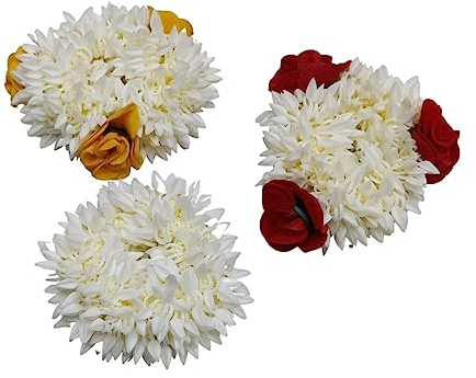 Traditioneller indischer Haarschmuck, kleiner weißer Gajra mit Rose, künstlicher Blumenschmuck, handgefertigt, Veni-Tiara für Frauen, Party, Brautschmuck, Mehndi-Haarknoten, 3 Stück