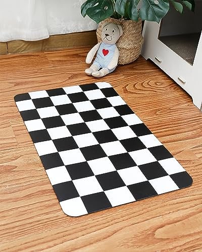 Ralxion Checkered Dog Feeding Mat, Absorbent Mats for Dog Food and Water Bowl, Dispenser, Feeder, Retro Aesthetic Black Checkerboard Pet Placemat for Dogs, Cats, Puppy Accessories, 16 X 24”