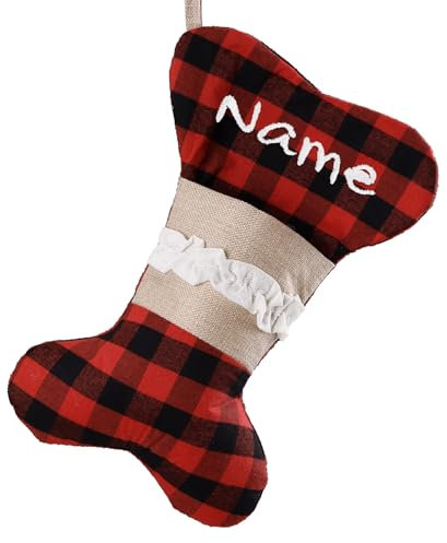 witfox Nikolausstrumpf personalisiert mit Namen Hund- nikolausstiefel zum befüllen personalisiert aus Leinen Knochen Design, Personalisierte Weihnachtsdeko Geschenk für Hunde-Knochen 1