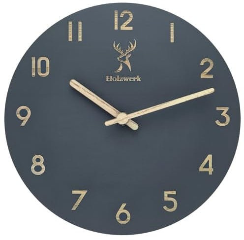 Holzwerk Natur Wanduhr Holz-Uhr Vintage lautloses Uhrwerk ohne Tickgeräusche Braun lautlos aus handgefertigtem Massivholz Natur Holz Grau Braun mit Hirsch Motiv
