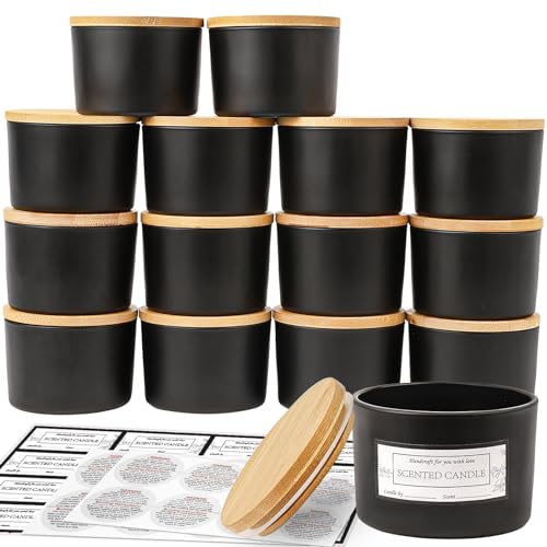 CONNOO 15er Pack 4 OZ Mattschwarze Glas-Kerzengläser mit luftdichten Bambusdeckeln zum Kerzenmachen, kleine, weithalsige, leere Kerzengläser im Großpack mit haftenden Warnetiketten - spülmaschinenfest