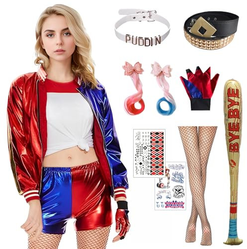 Formemory Quiinn Kostüm Damen,Halloween Karneval Kostüm Faschingskostüme mit Handschuhe Jacke T-Shirt Shorts Netzstrümpfe für Halloween Karneval (Damen(10-teiliges Set), M)