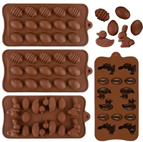 4pcs Moules Pâques pour Chocolat, Moules en de Silicone Moules à Bonbons au Chocolat de Pâques avec Formes d'Oeuf, Lapin, Canard pour Fête à Thème de Pâques Fête d'Enfants Artisanat en Résine