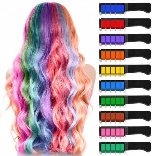 10 Color New Hair Chalk Comb Temporary Bright Hair Color Dye for Kids,Washable Hair Chalk Girls New Year Birthday Cosplay DIY(Dark Blue&Blue&Green&Purple&Brown&Pink&Orange&Red&Dark Green&Yellow)
