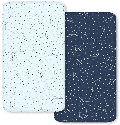 Bimocosy Premium Spannbettlaken 70x140cm für Mädchen und Jungen,2er Set, aus atmungsaktives 100% Twill Baumwolle für Baby Kinderbett,Sternbild Muster, Oeko-TEX Standard 100 Zertifiziert, Blau