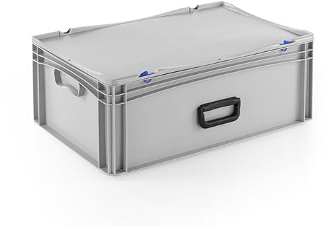 DIE BOX FABRIK Robuster Eurobehälter mit Tragegriff & Scharnierdeckel | Stapelbarer Kunststoffkoffer für Lager & Transport | Aufbewahrungsbox für Werkzeuge, Logistik & Industrie (600x400x233 mm)