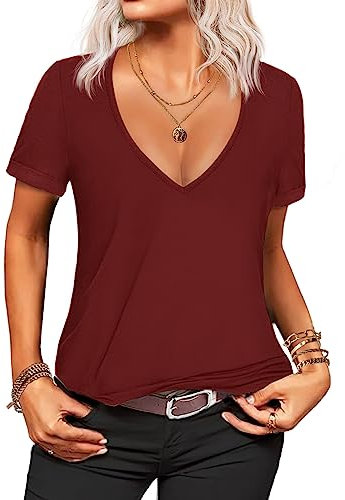 Zeagoo Damen Tshirt tiefer V-Ausschnitt Kurzarm Shirt Solide Lässiges Lose Basic Sommer T Shirt Tops Weinrot L