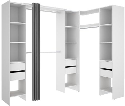 DEKIT GRUPO RIMOBEL SUIT - Conjunto de Vestidor rinconero con dos columnas, zona de barras y cortina - Blanco - 205 x 164-234 x 141 cm